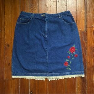 Faded Glory • Embroidered Denim Skirt with Lace Trim • Plus Size